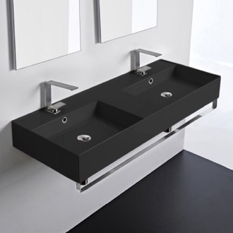 Bathroom Sink Double Matte Black Wall Mounted Ceramic Sink With Polished Chrome Towel Bar Scarabeo 5143-49-TB